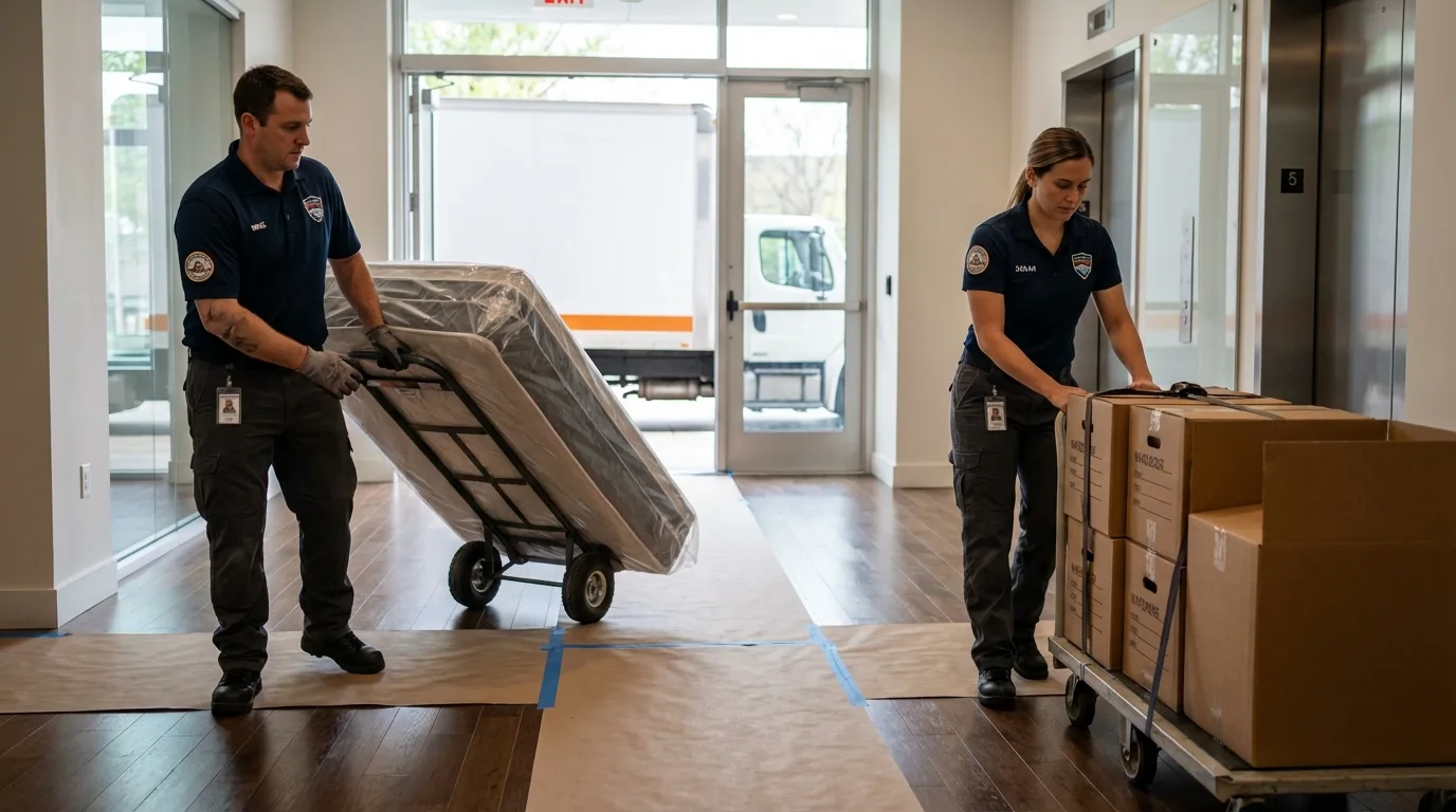 Professional apartment movers loading elevator in Pleasant Valley, NY