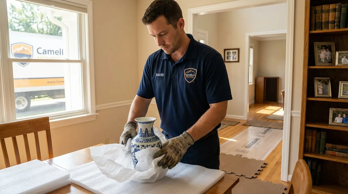 Professional crew carefully wrapping antique vase for senior downsizing move in Pleasant Valley, NY